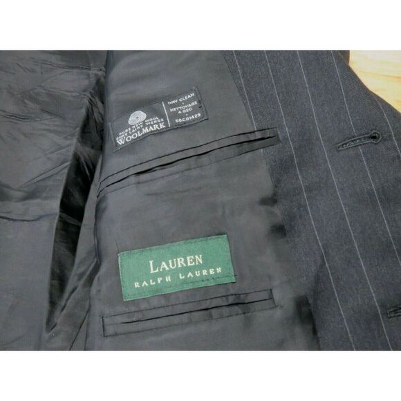 Mens Lauren  Ralph Lauren Black Gray 3 Button Suit‎ Jacket Size 44R Striped Wool - Picture 9 of 9